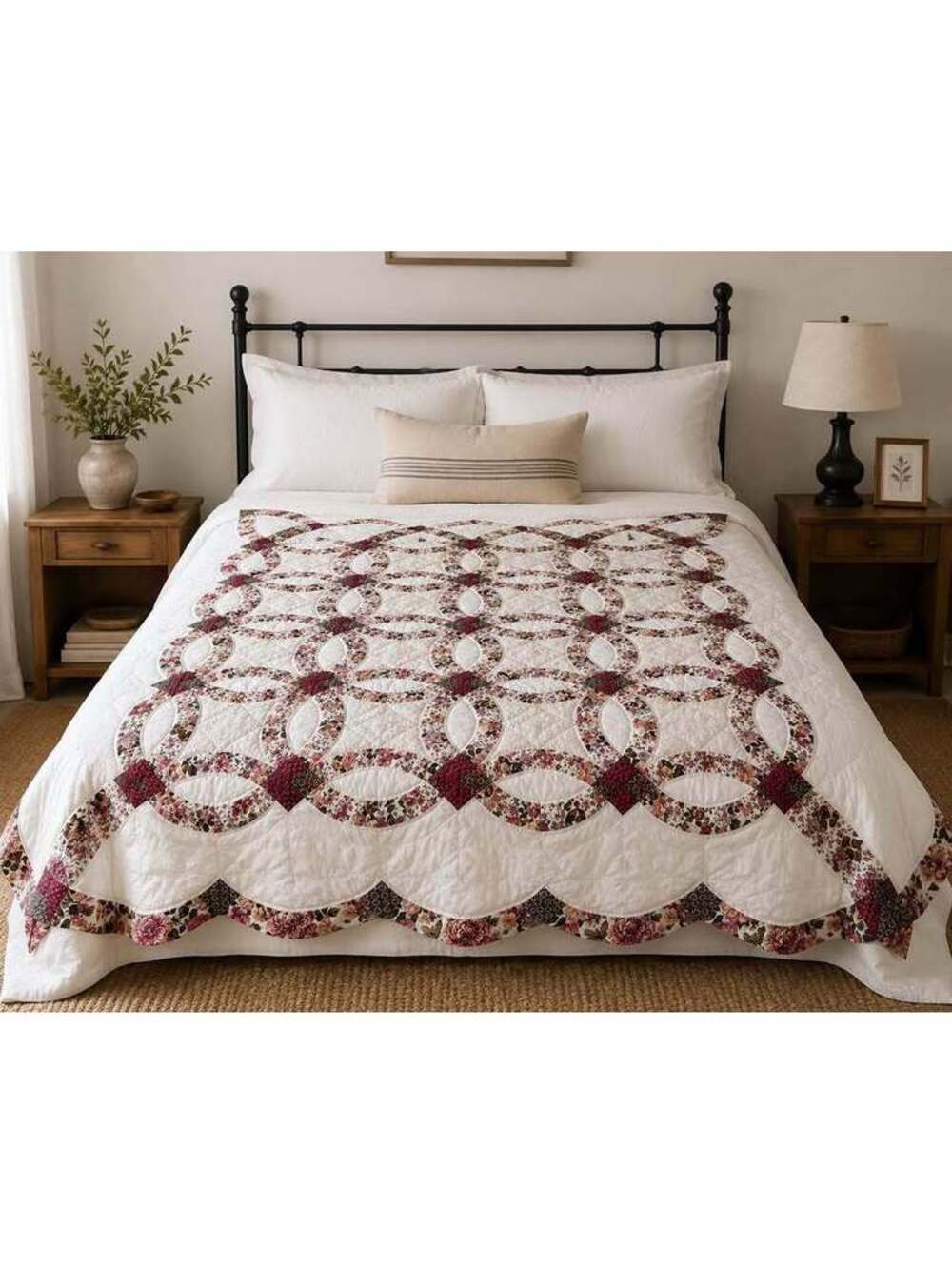 Double Wedding Ring Quilt Queen 80x82 Floral Patchwork All Season Bedding